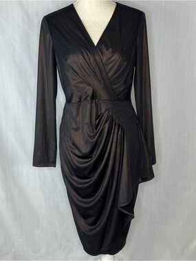London Times Cocktail Dress Black & Copper Metallic Faux Ruffle Wrap V Neck 6👍